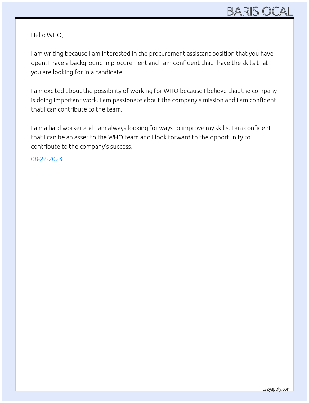 procurement assistant At WHO Cover Letter