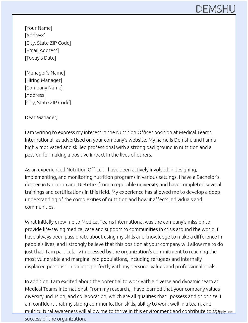 Nutrition officer  At Medical teams international Cover Letter