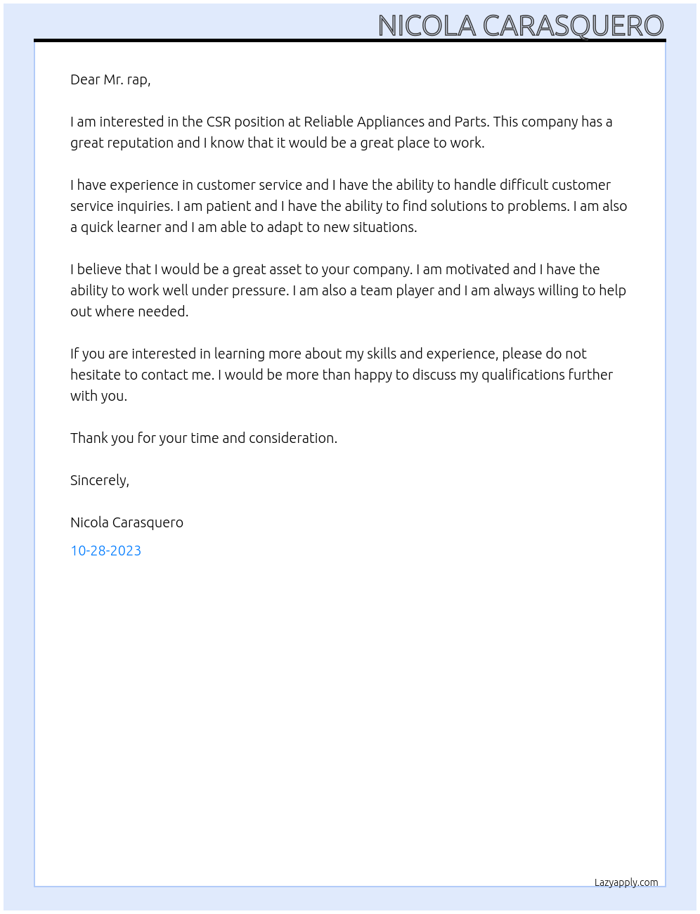 CSR At reliable applainces and parts Cover Letter