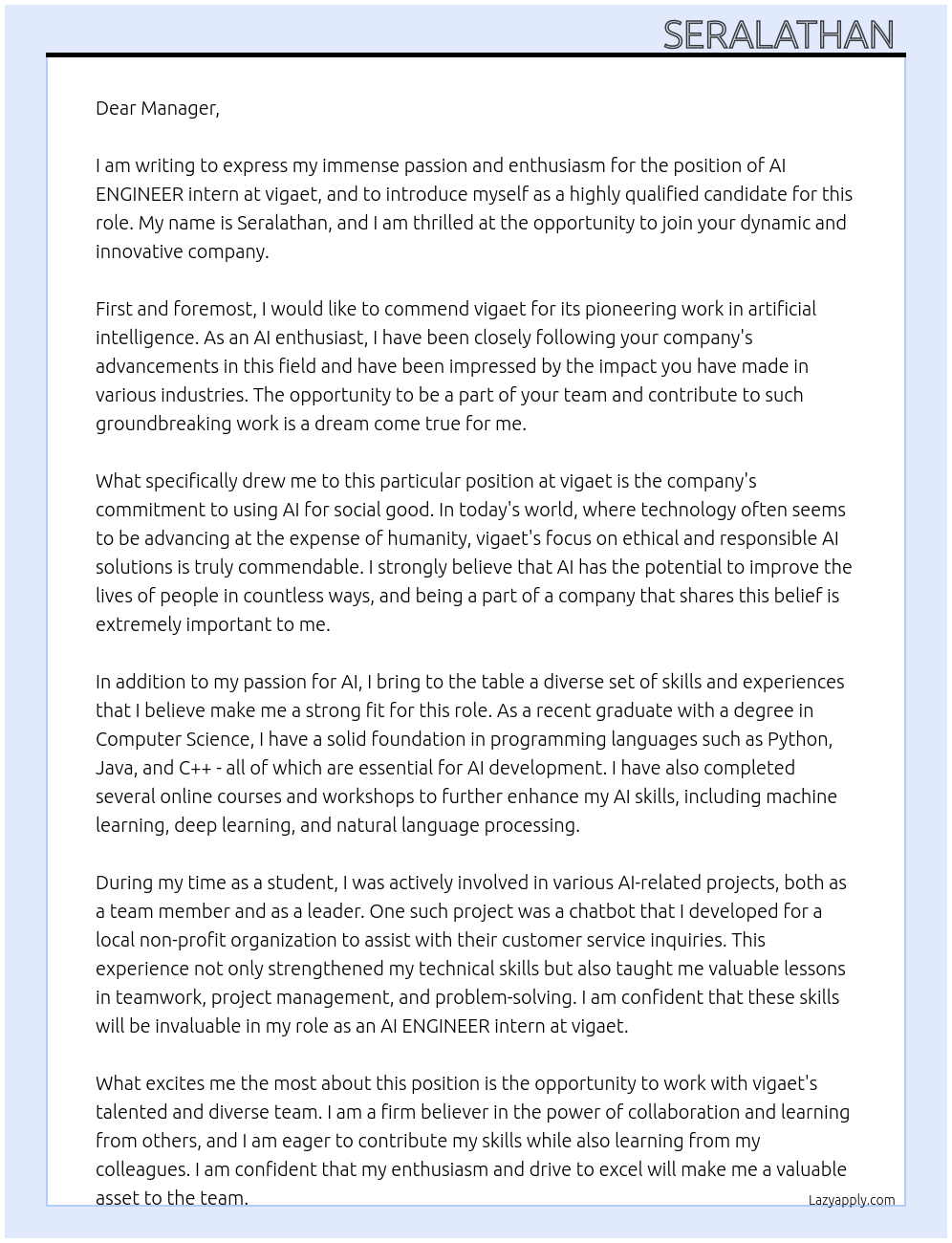AI ENGINEER intern At vigaet Cover Letter