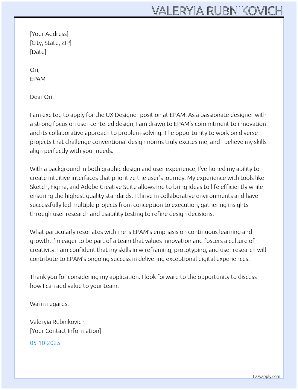 Ux designer At Epam Cover Letter