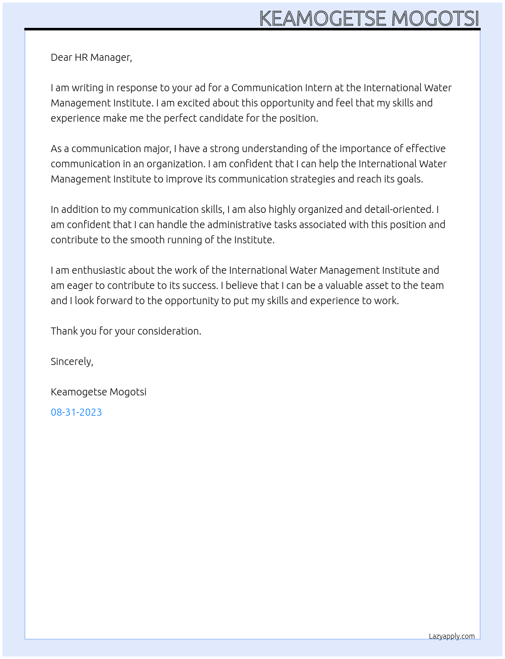 Communication Intern At International Water Management Institute Cover Letter