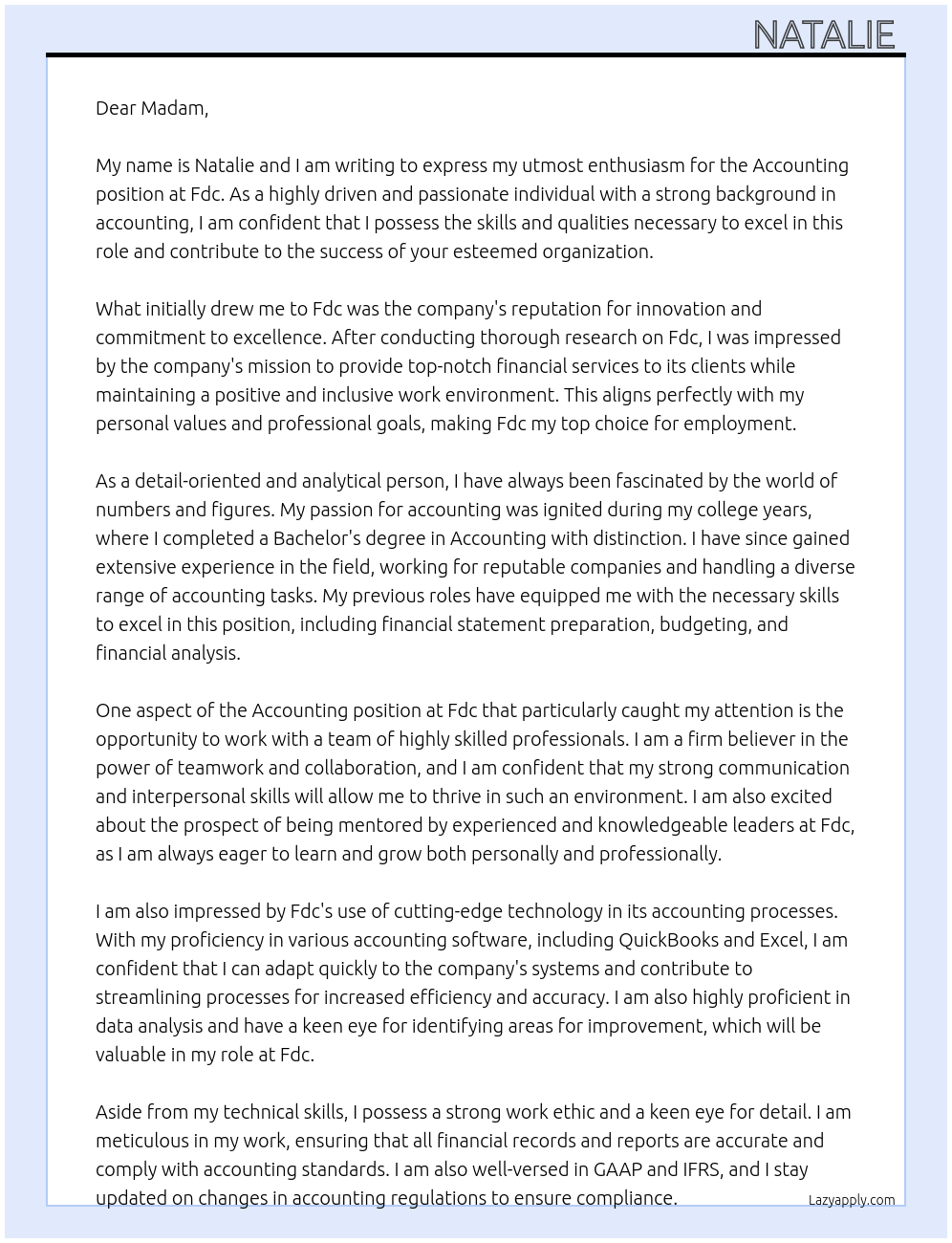 Accounting At Fdc Cover Letter