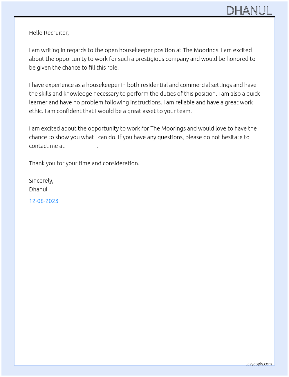 Housekeeper At The Moorings Cover Letter