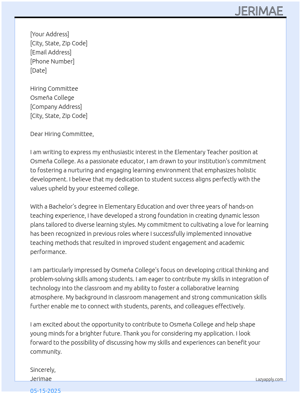 Cover letter for elementary teacher - LazyApply