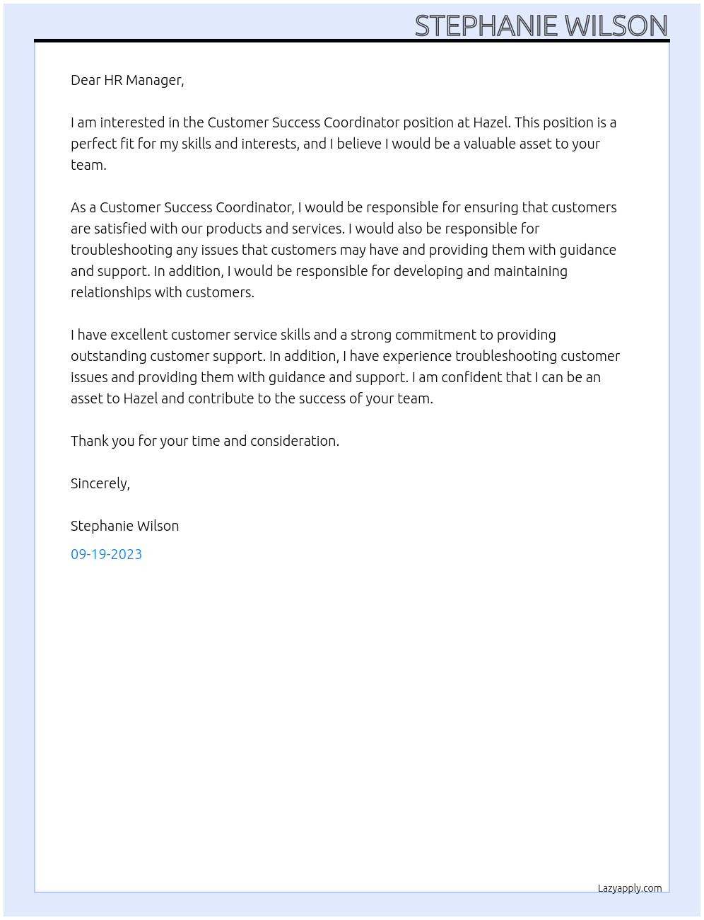 customer success coordinator At Hazel Cover Letter