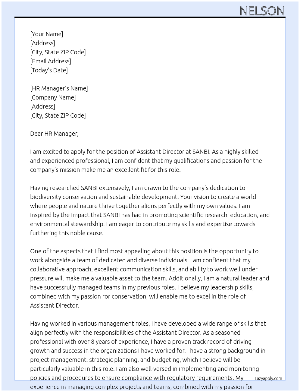 Assistant Director At SANBI Cover Letter