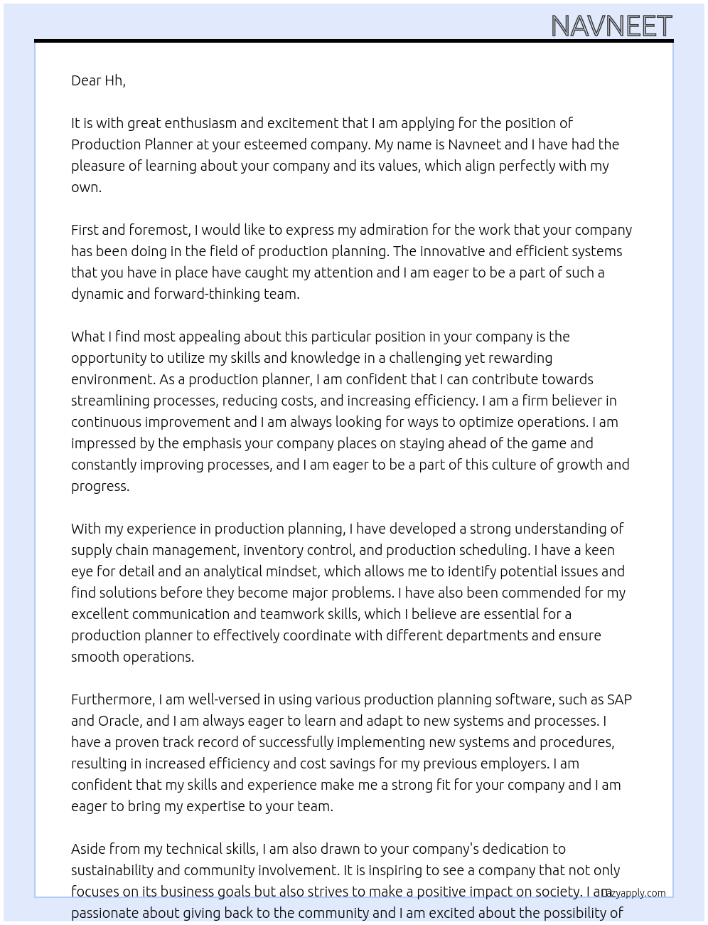 Production Planner At Hh Cover Letter