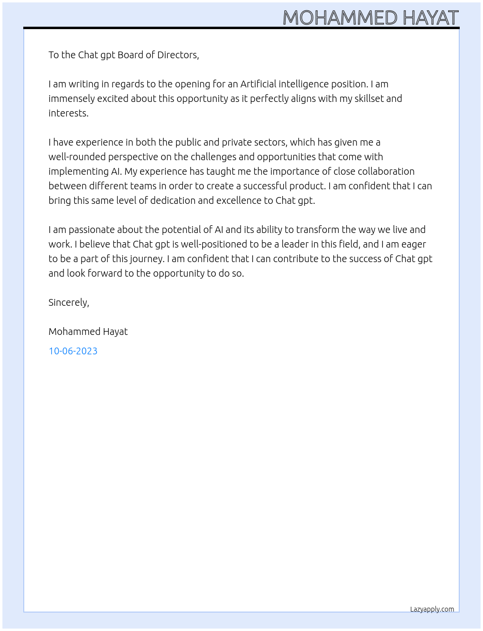 Artificial intelligence At Chat gpt Cover Letter