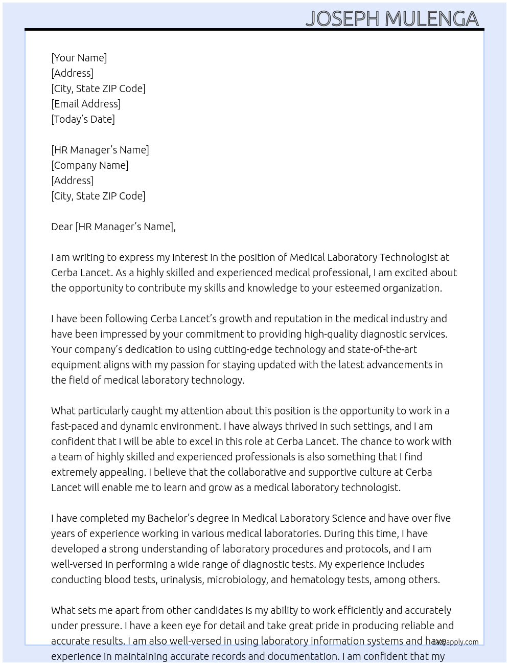 Medical laboratory technologist At Cerba lancet Cover Letter