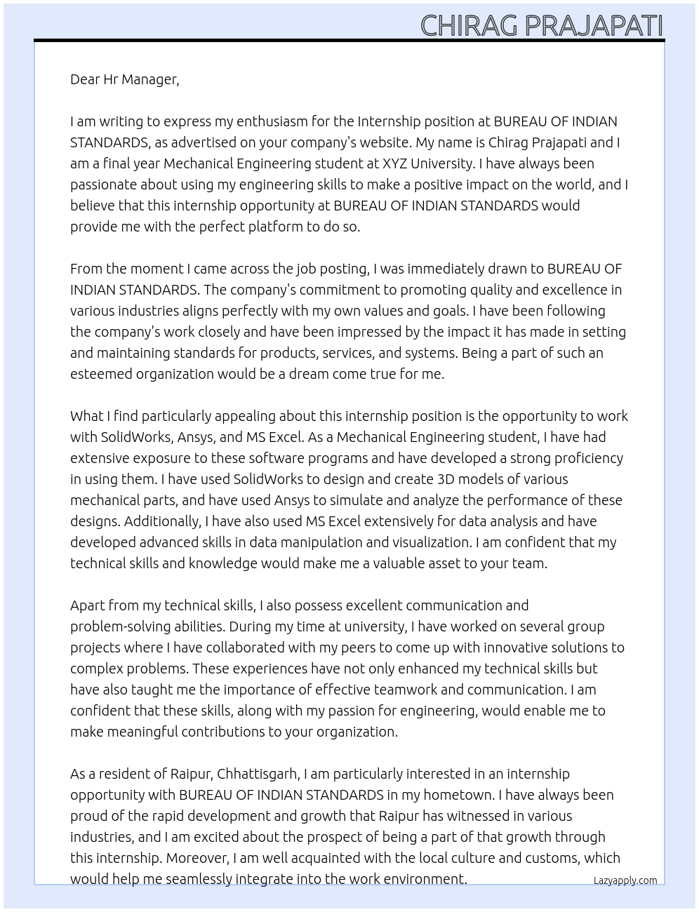 Intership At BUREAU OF INDIAN STANDARDS Cover Letter