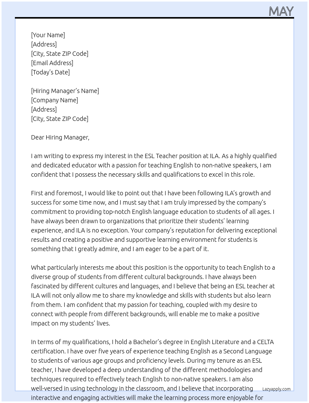 ESL Teacher At ILA Cover Letter