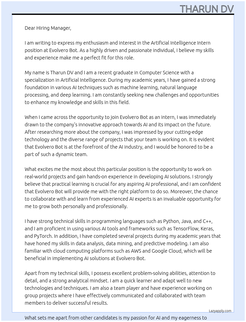 artificial intelligence intern At evolvero bot Cover Letter