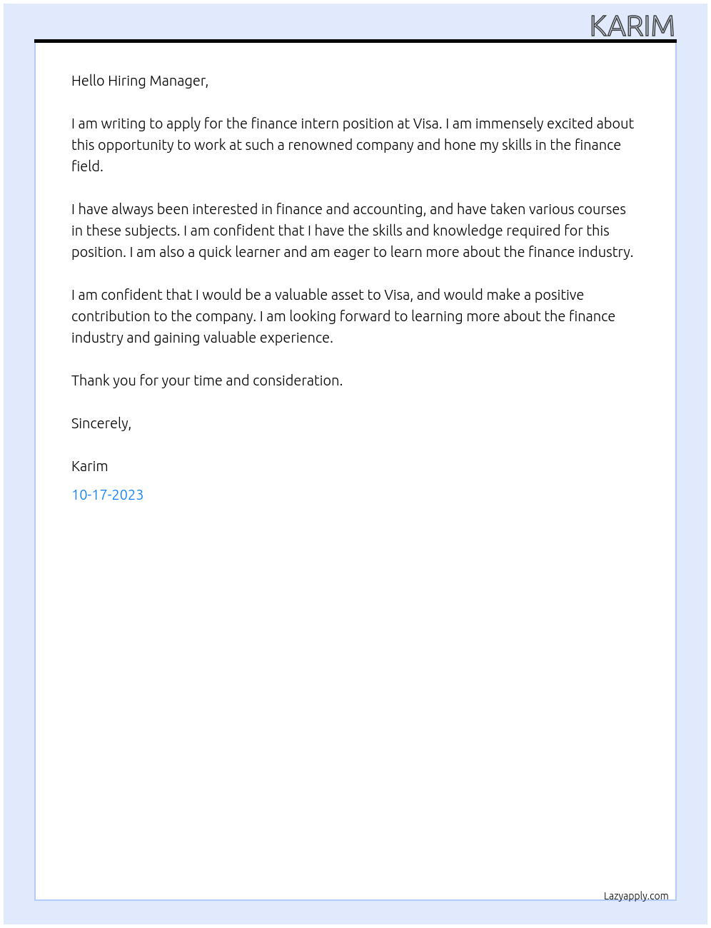 Finance intern At Visa Cover Letter