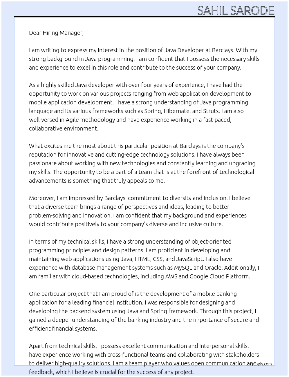 java developer At Barclays Cover Letter