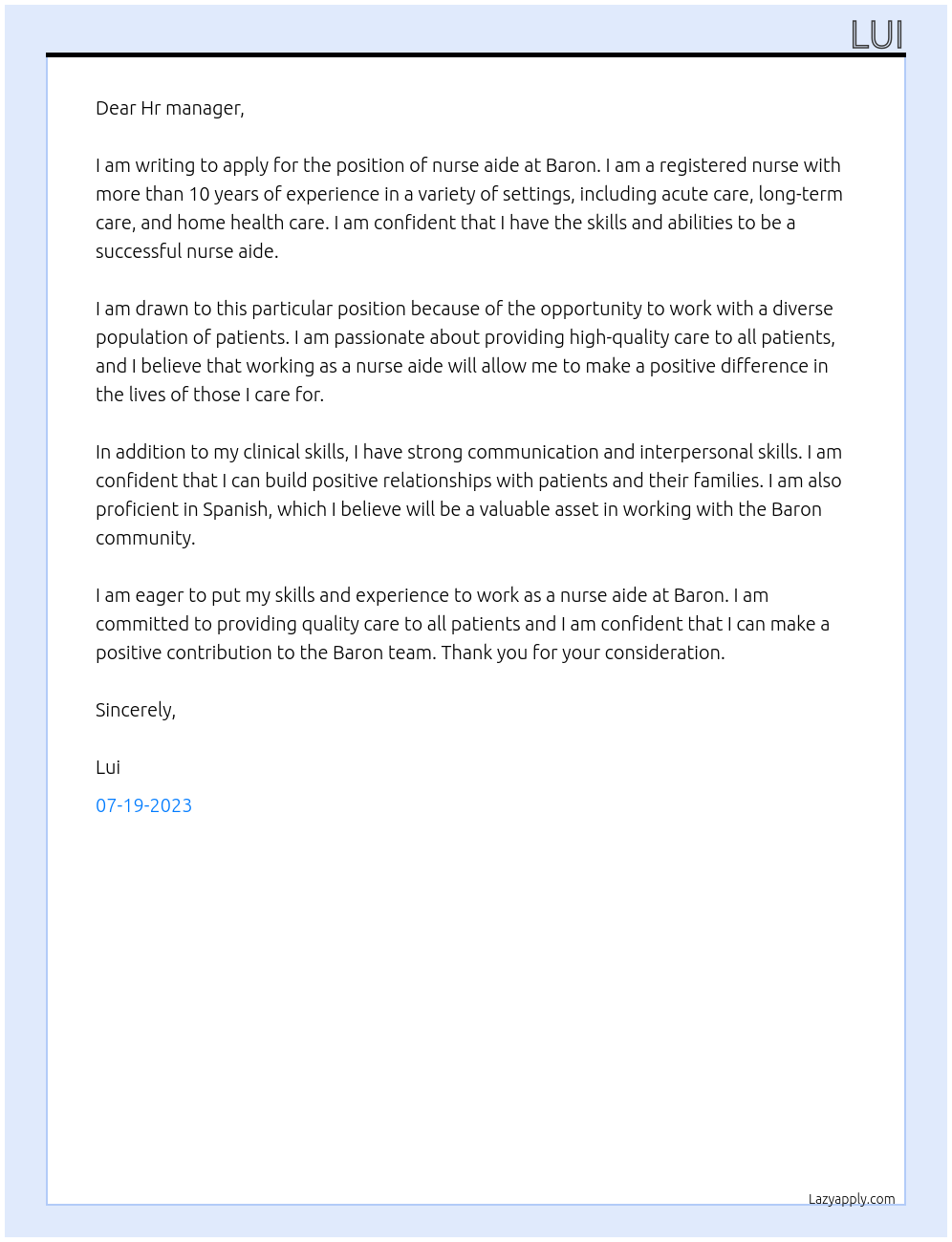 Nurse aide At Baron Cover Letter