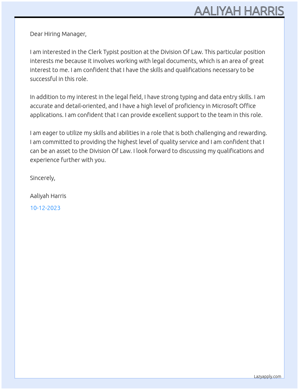 Clerk Typist  At Division Of Law  Cover Letter