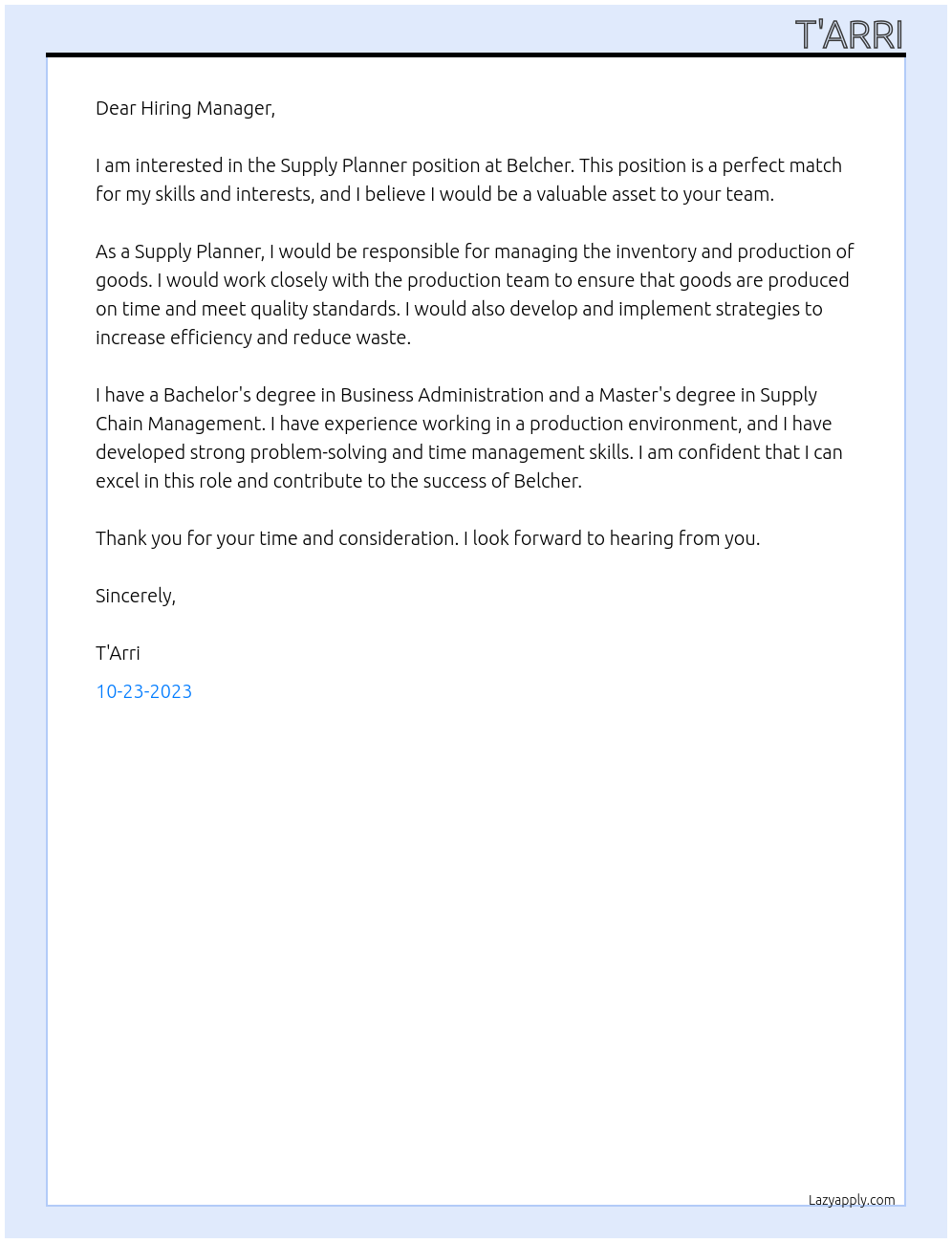 Supply Planner At Belcher Cover Letter