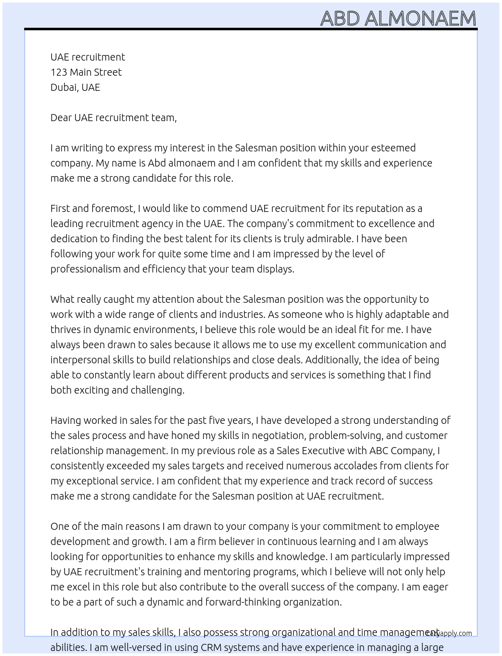 Salesman At UAE recruitment Cover Letter