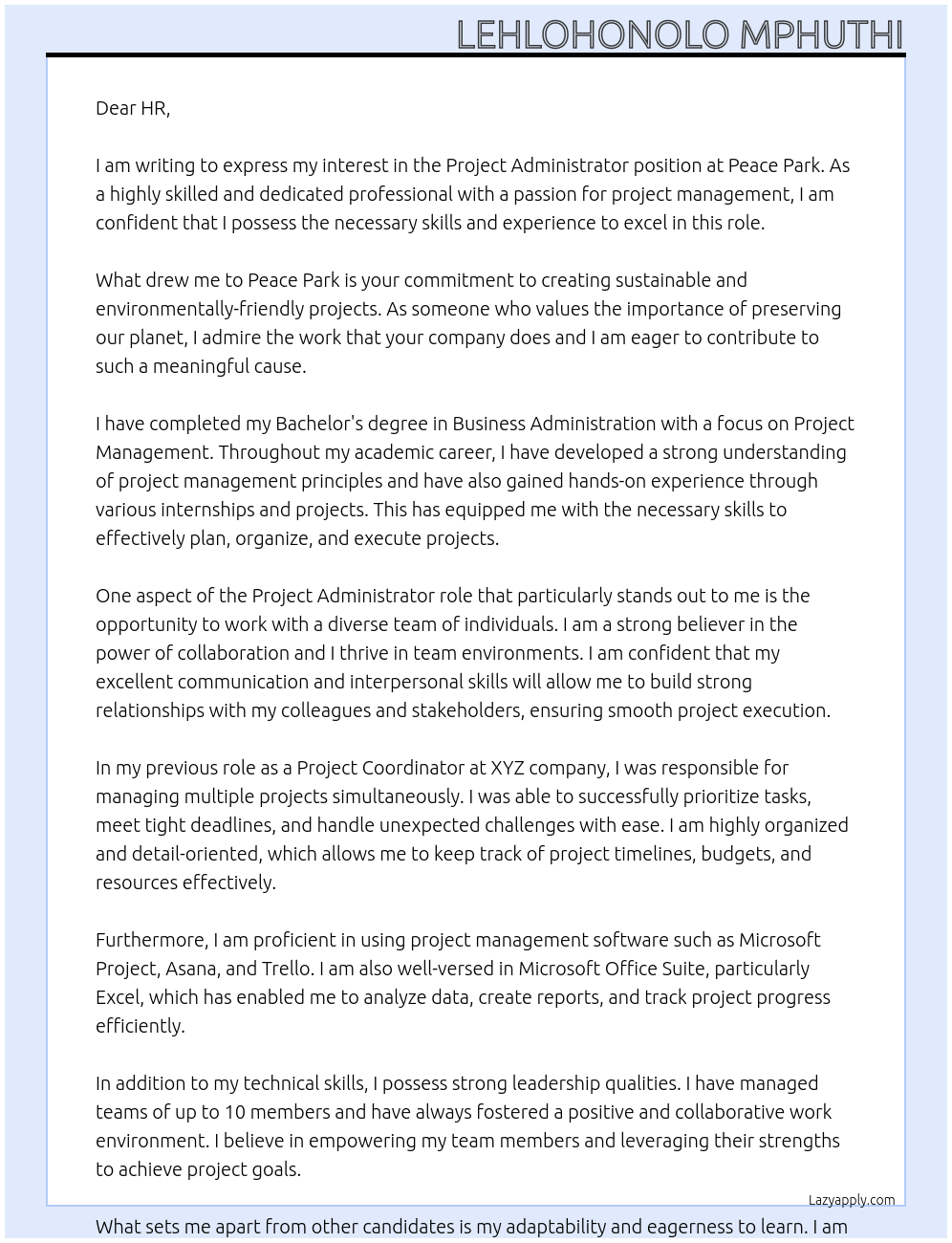 Project Administrator At peace park Cover Letter