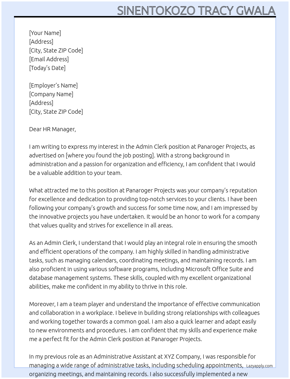 Admin Clerk At Panaroger Projects Cover Letter