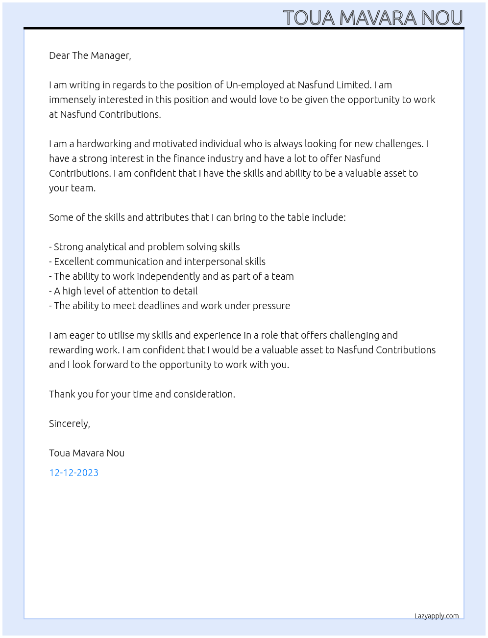 Un-employed At Nasfund Contributions Cover Letter