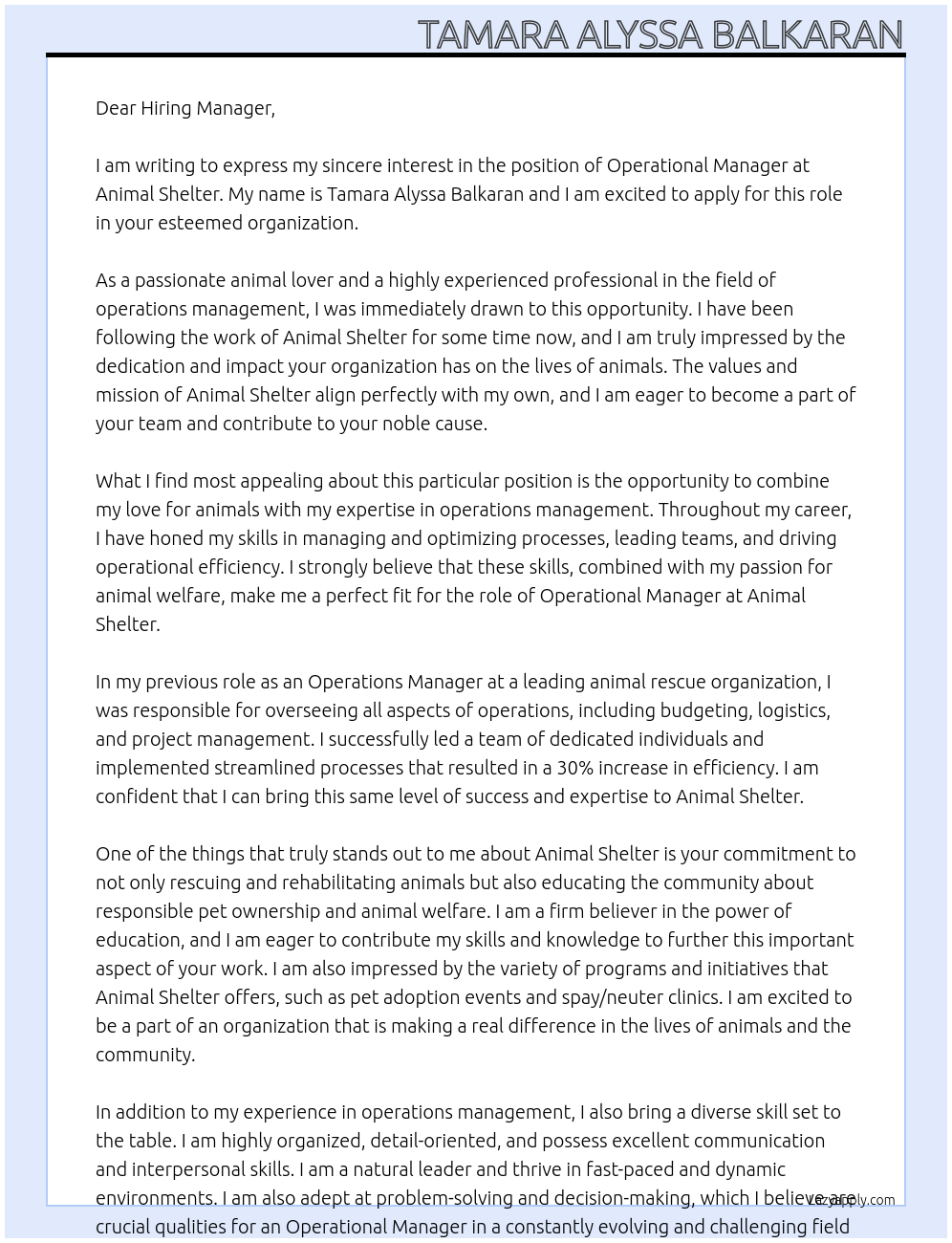 Operational Manager At Animal Shelter Cover Letter