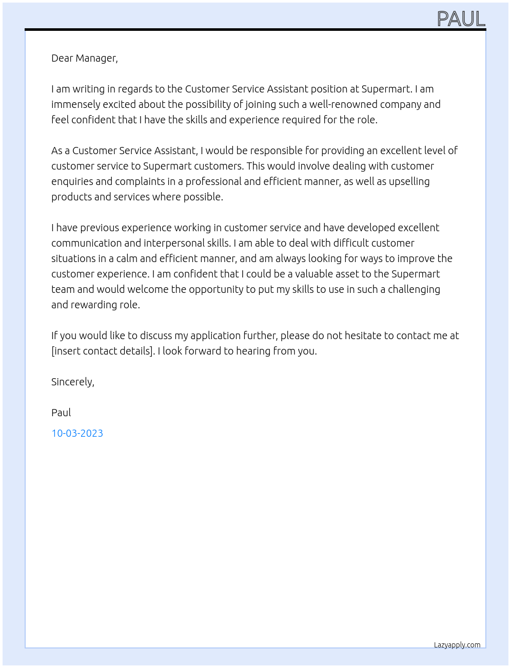 Customer service assistant At Supermart Cover Letter