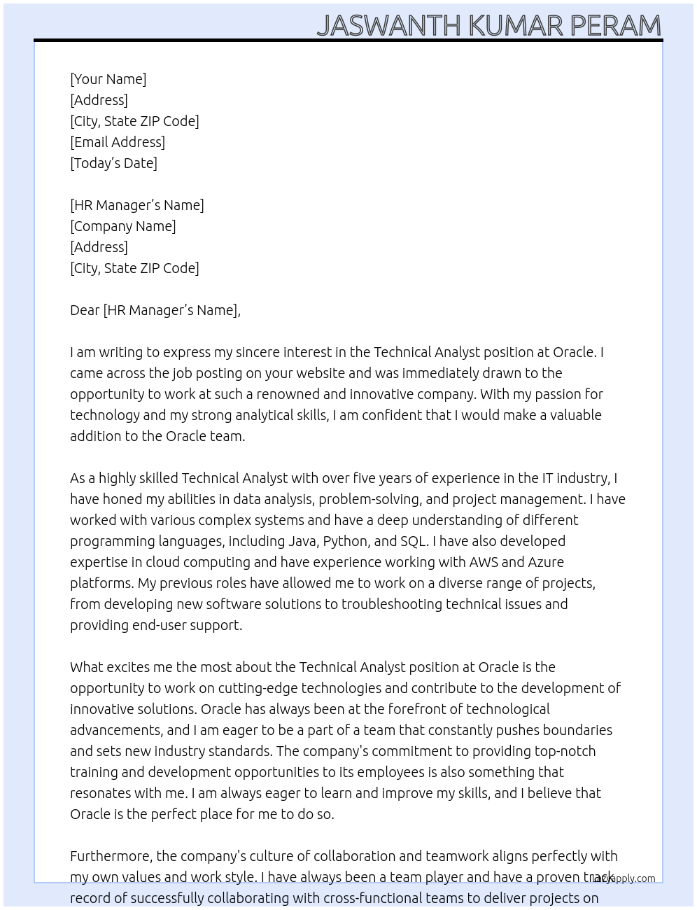 Technical Analyst At Oracle Cover Letter