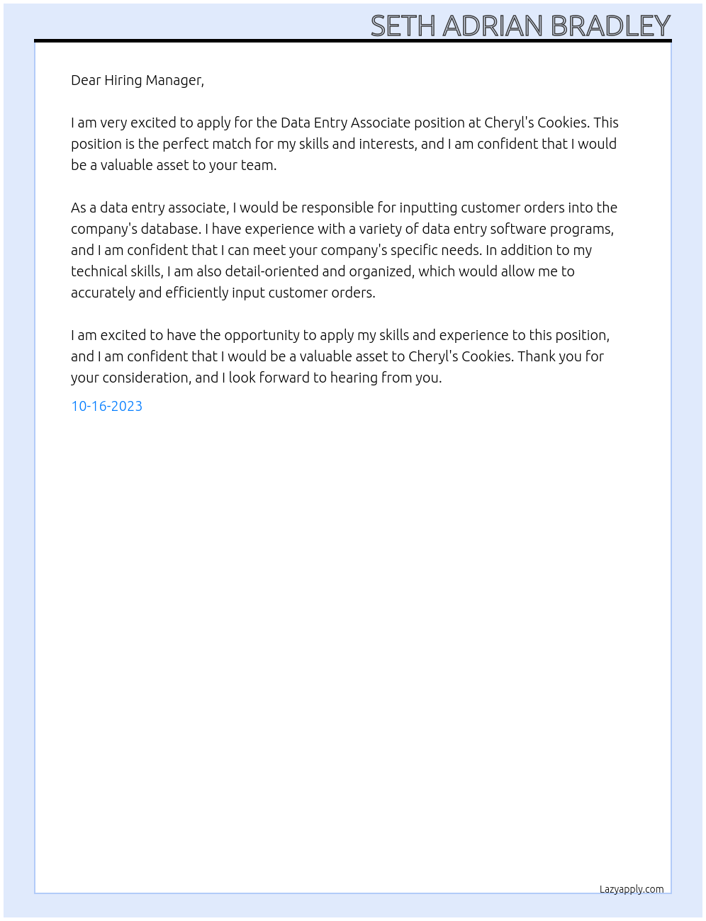 Data Entry Associate At Cheryl's Cookies Cover Letter
