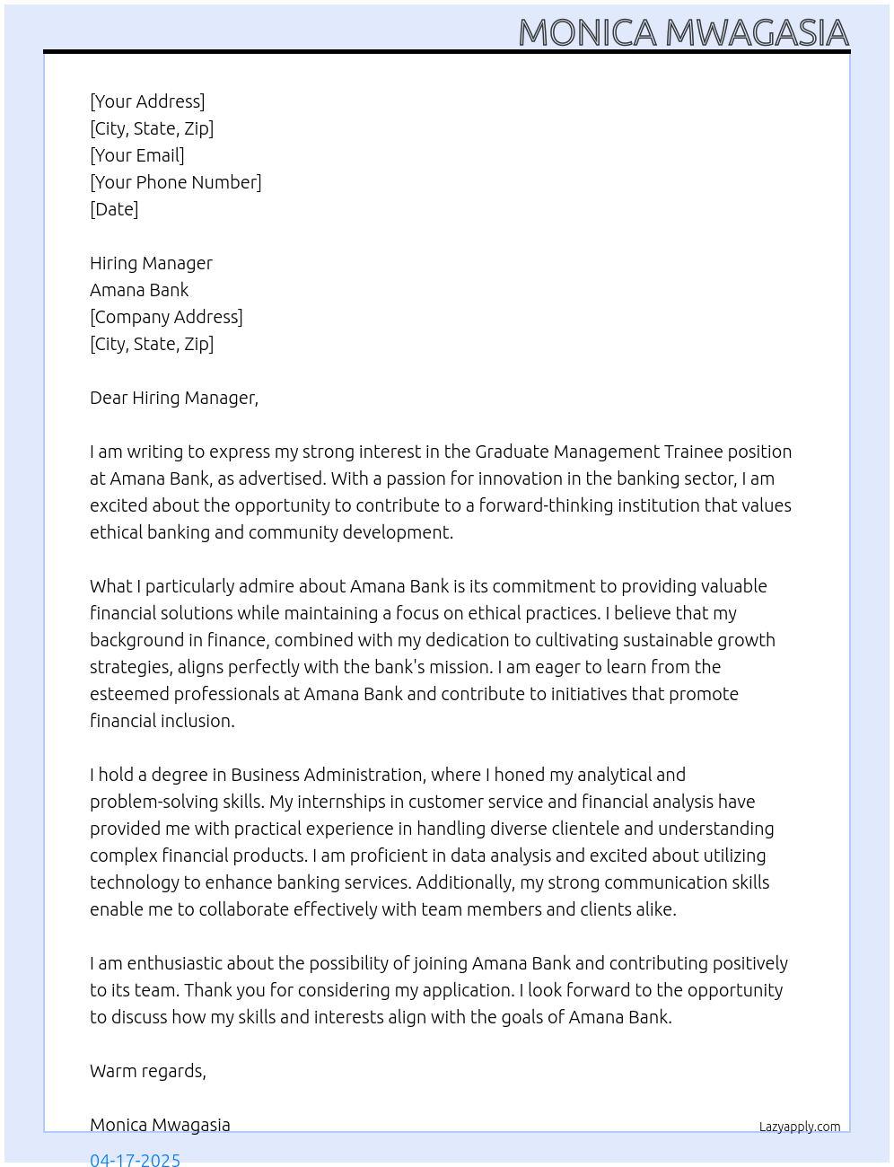 Graduate Management trainee At Amana Bank Cover Letter