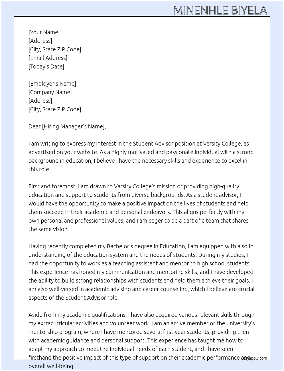 student advisor At Varsity College Cover Letter