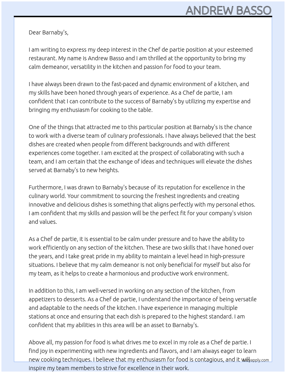 Chef de partie At Barnaby's Cover Letter