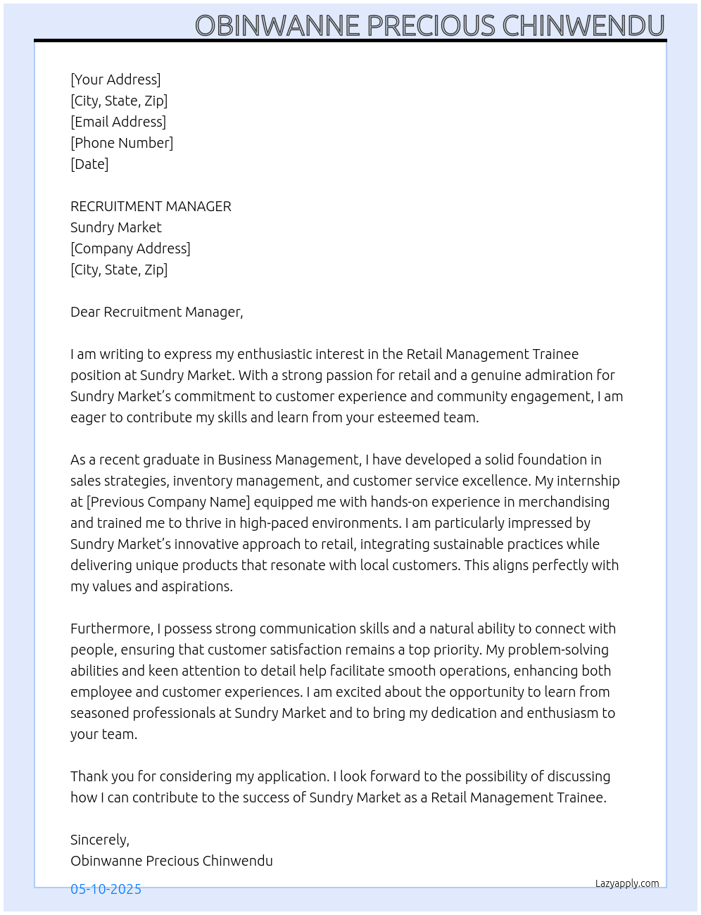 RETAIL MANAGEMENT TRAINEE At SUNDRY MARKET Cover Letter