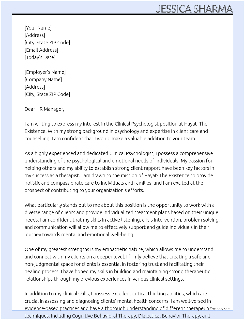 Clinical Psychologist At Hayat- The Existence Cover Letter