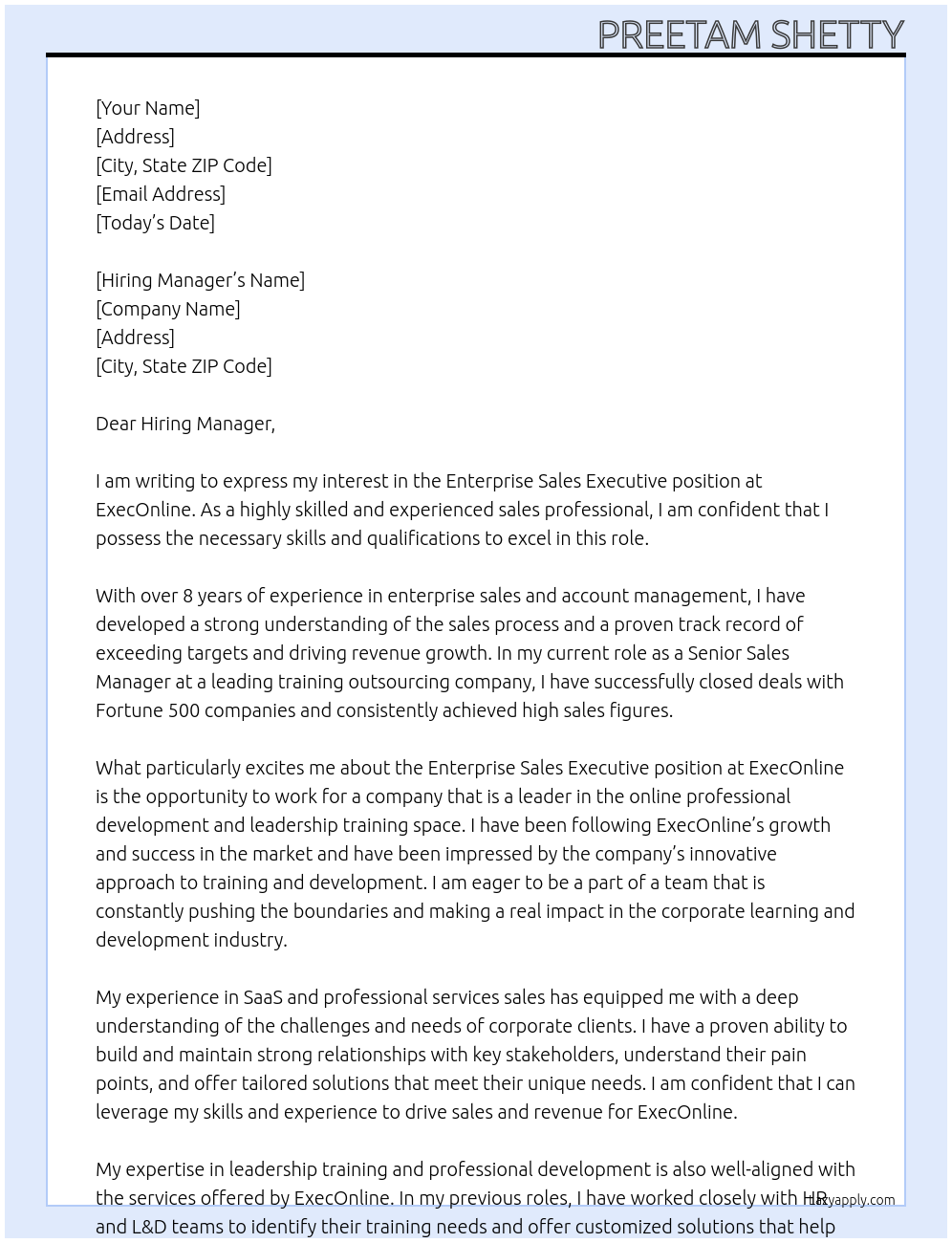 Enterprise Sales Executive At ExecOnline Cover Letter