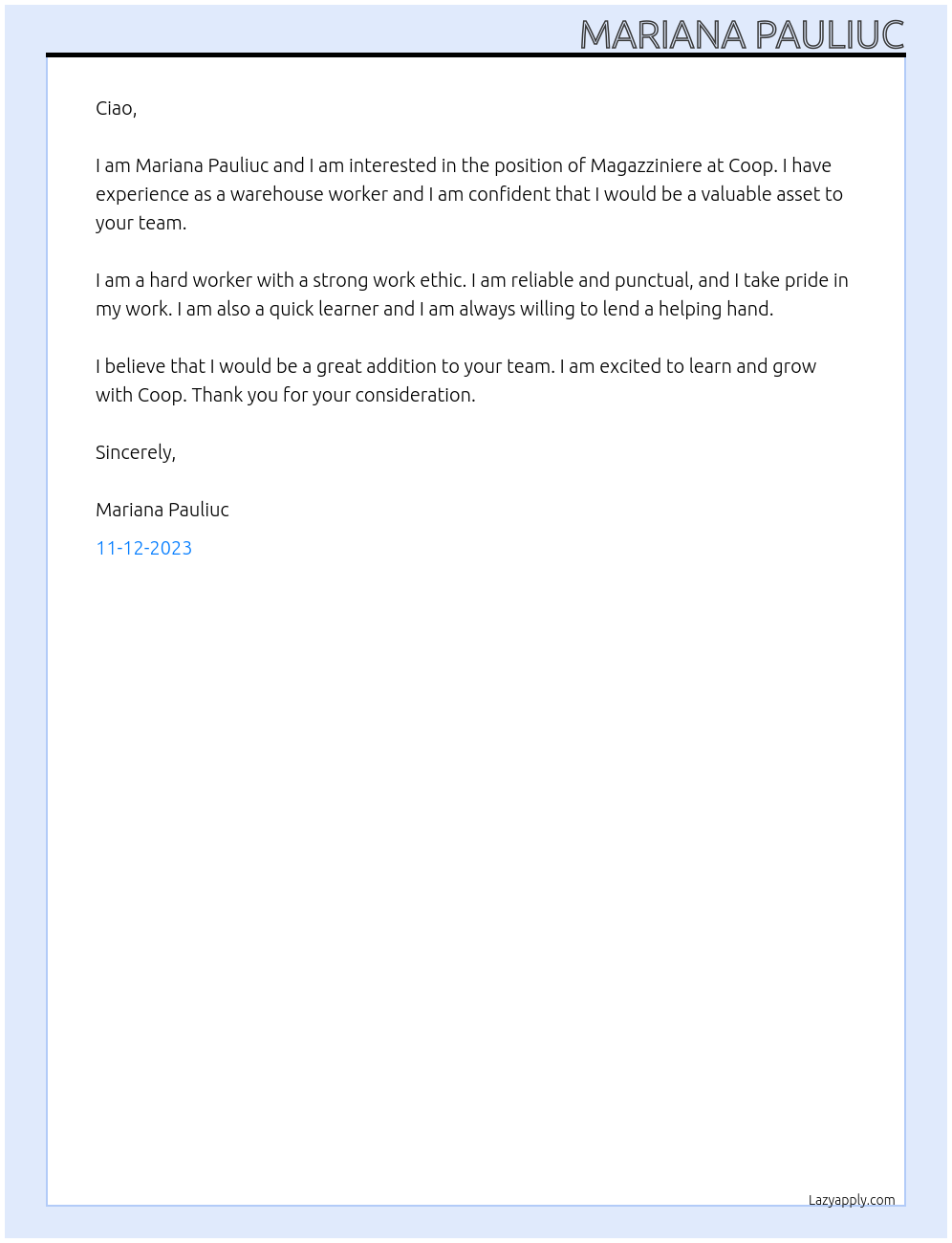 Magazziniere At Coop Cover Letter