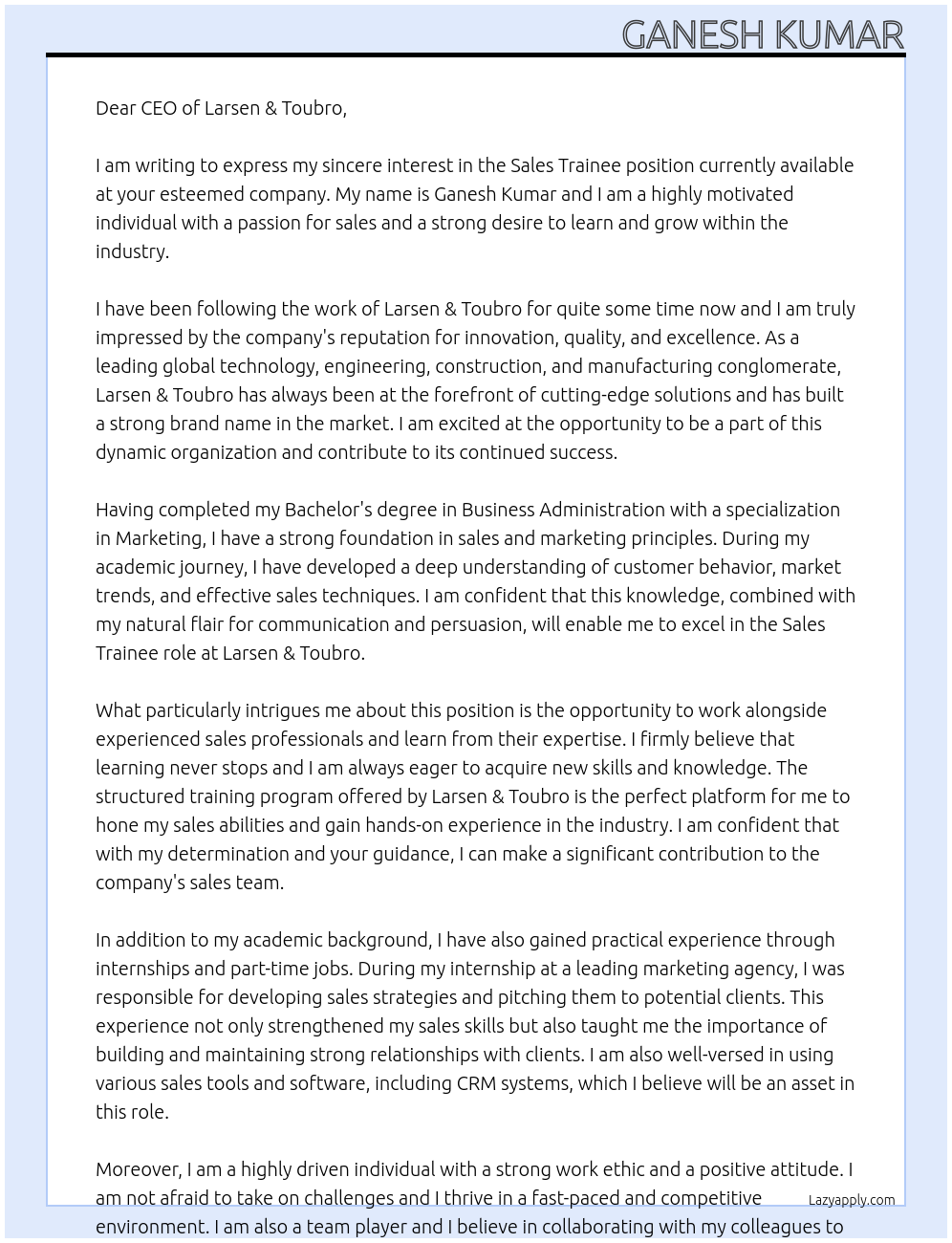 SALES TRAINEE At LARSEN & TOUBRO Cover Letter