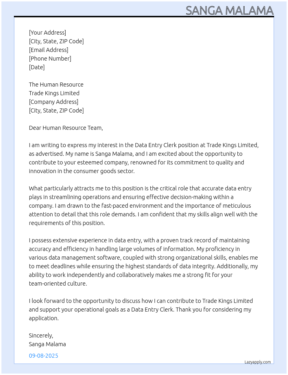 Data Entry Clerk At Trade Kings Limited Cover Letter