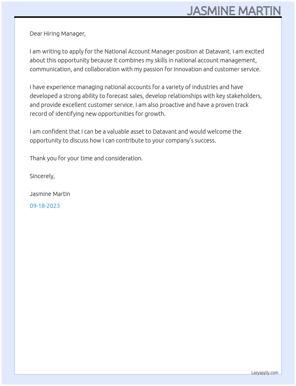 National Account Manager At Datavant Cover Letter