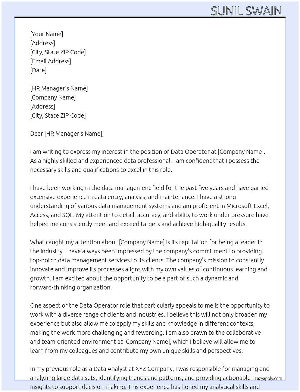 Data Operator At Data Operator Cover Letter