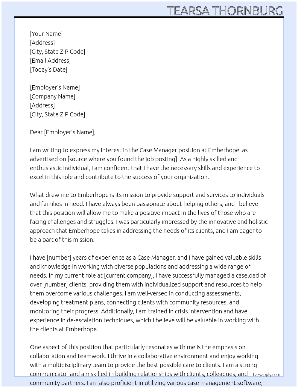 Case Manager At Emberhope Cover Letter