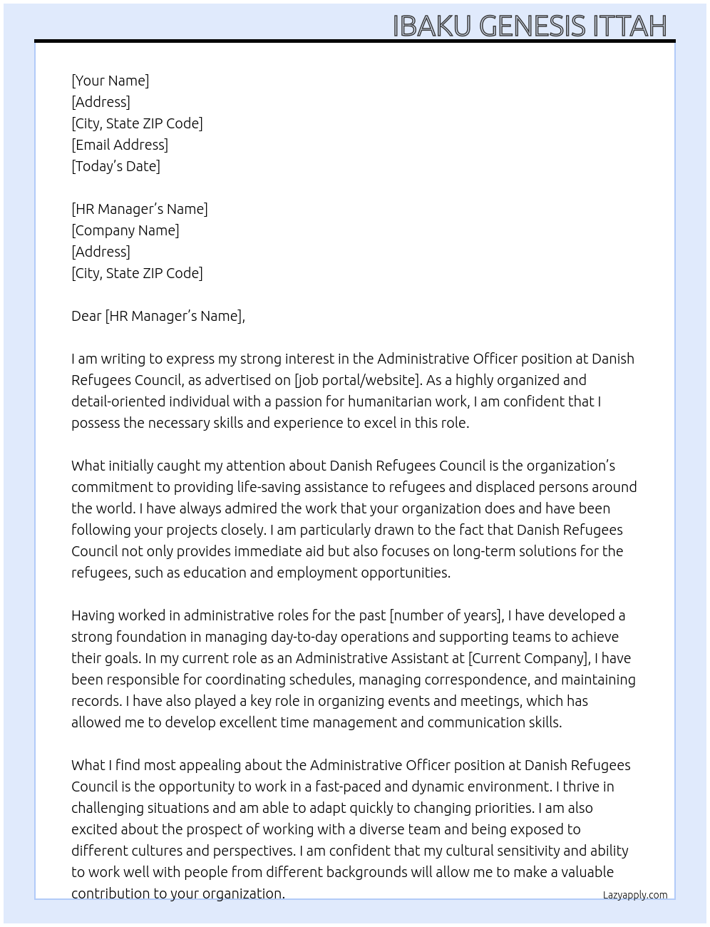 Administrative Officer At Danish Refugees Council Cover Letter