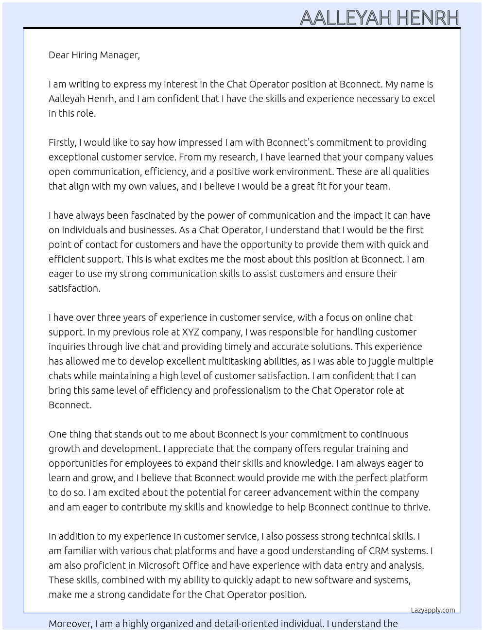 Chat Operator At Bconnect Cover Letter