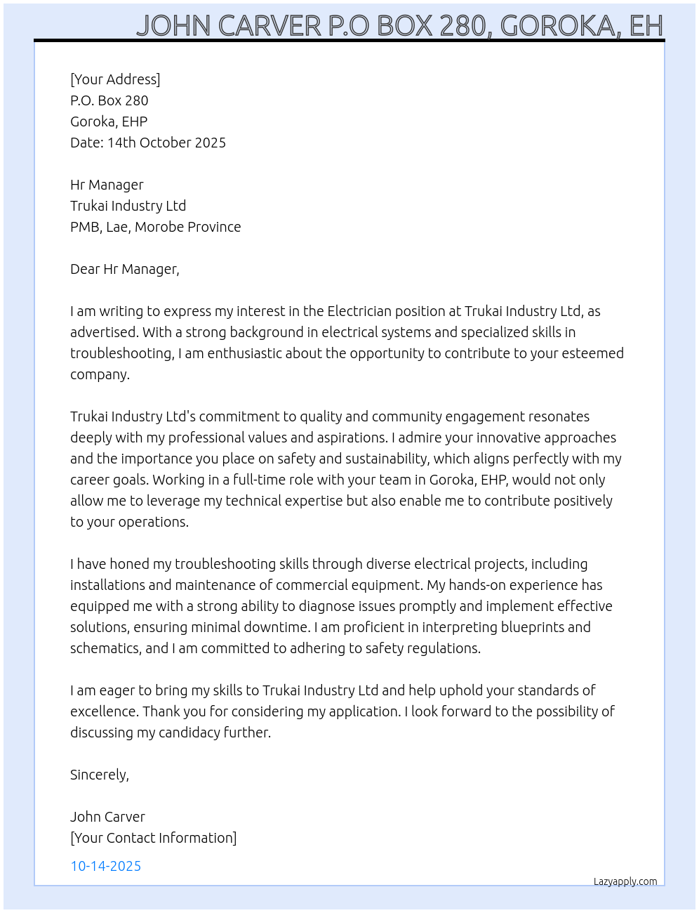 Electrician At Trukai Industry Ltd PMB, Lae, Morobe Province Cover Letter