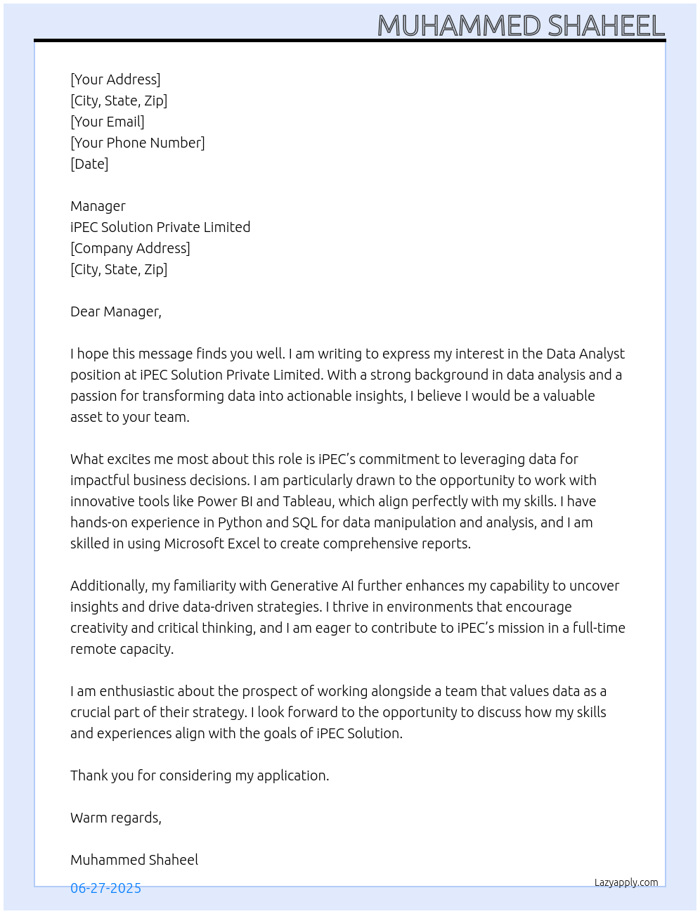 Data analyst At iPEC Solution private limited Cover Letter