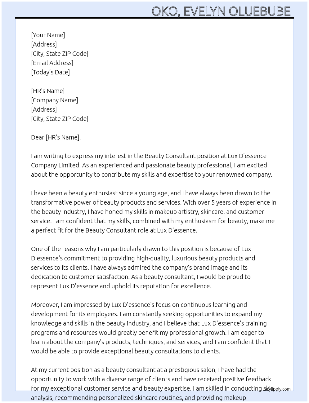 Beauty consultant  At Lux D'essence company Limited  Cover Letter