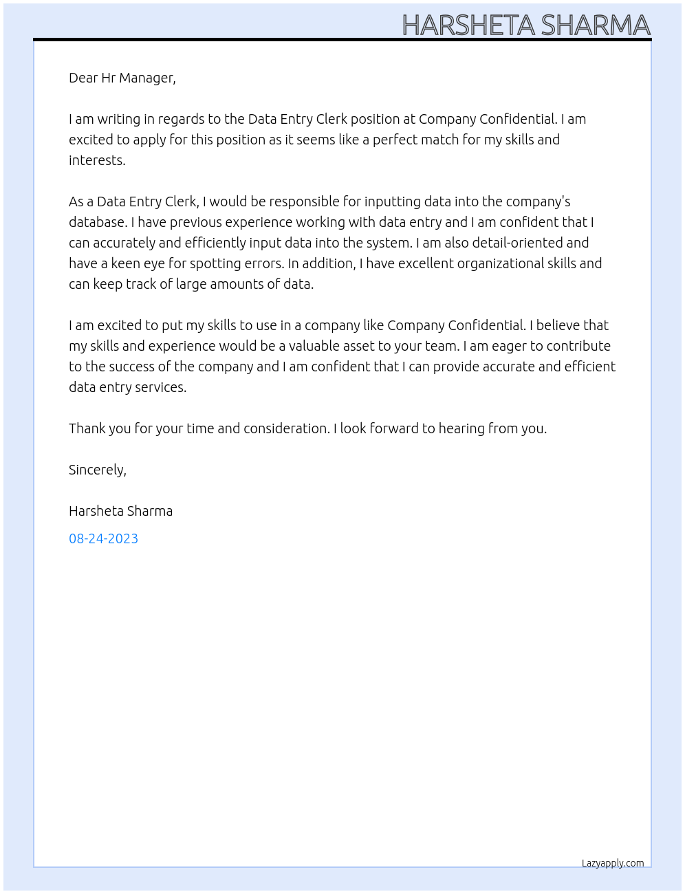 Data Entry Clerk At Company Confidential Cover Letter