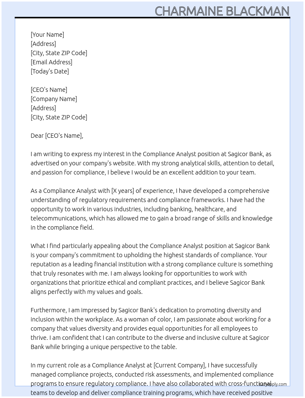 Compliance Analyst At Sagicor Bank Cover Letter