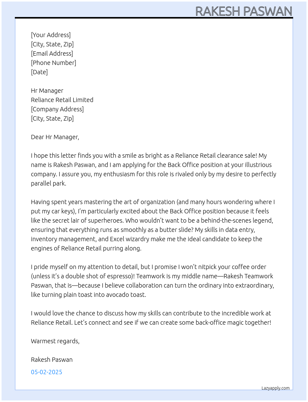 Back office At Reliance Retail limited Cover Letter